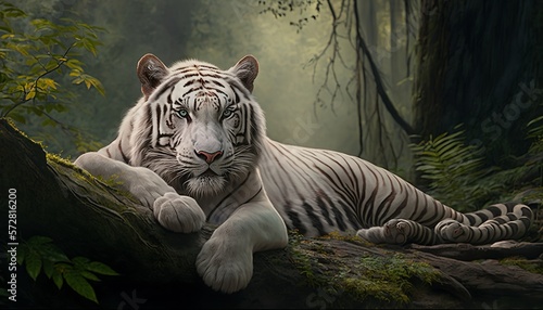 A majestic white tiger resting in a forest © Emojibb.Family