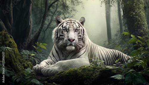 A majestic white tiger resting in a forest