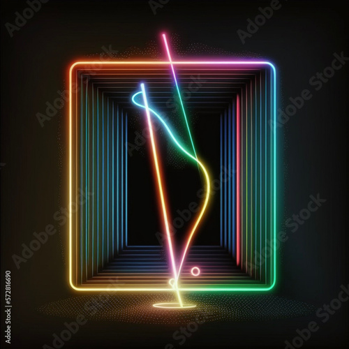 Abstract neon glowing lines and shapes on black background, generative ai