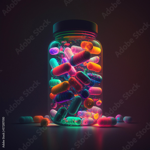 Neon abstract vector medicine pill bottle illustration, generative ai