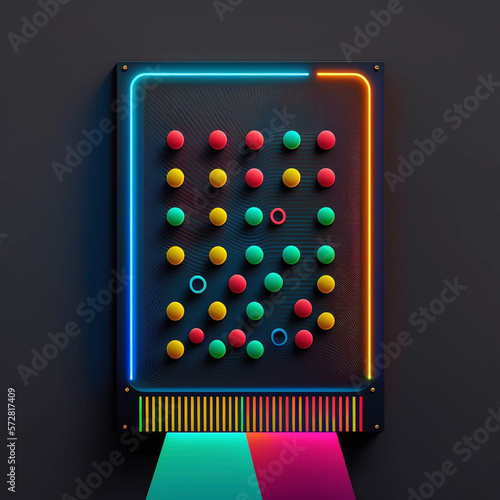 Neon plinko light sculpture of shapes lines and spheres, generative ai