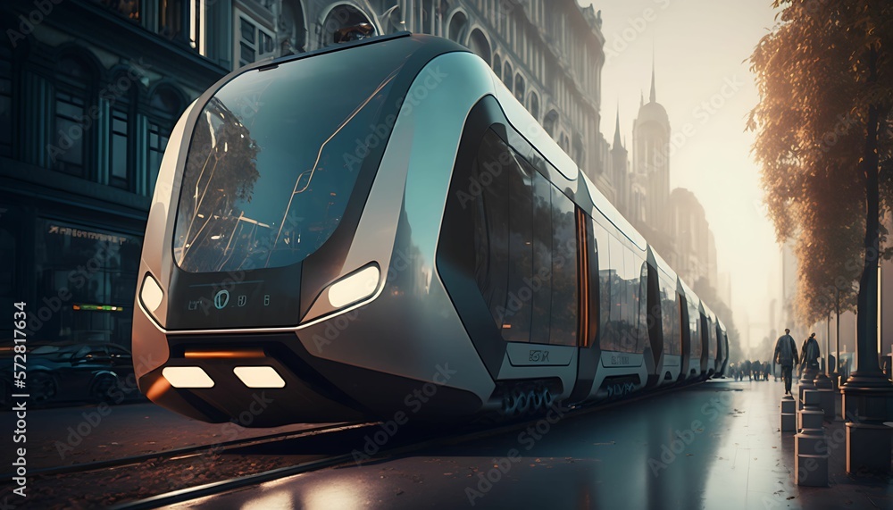 Obraz premium Urban mobility future - tram, metro, subway in futuristic city with Generative AI Technology.