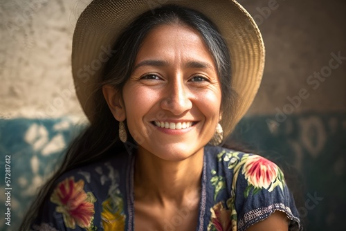 Smiling attractive hispanic mature woman looking at the camera. Generative AI	
 photo