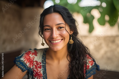 Smiling attractive hispanic young woman looking at the camera. Generative AI	
 photo