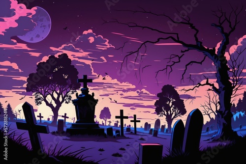 Spooky Halloween Night in Comic Style: Silhouette Graveyard Illustration, generative ai