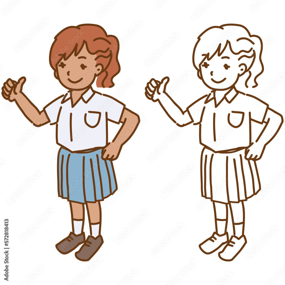 親指を立てる 赤髪に小麦色の肌の女子学生 様々な人種の学生イラストシリーズ ブレザー制服 全身