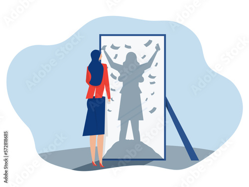 businesswoman looking at herself on mirror dreaming about money or rich wealth flat  Rich and wealthy concept vector illustrator