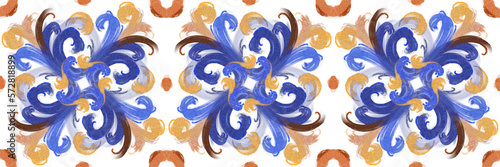 Set of illustrations - ceramic tile stylization with blue ornaments. Azulejos portugal, Turkish ornament, Moroccan tile mosaic, Talavera ornament.