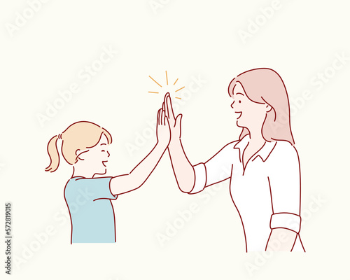 mother and small daughter smiling and laughing. Clapping their hands. Hand drawn style vector design illustrations.