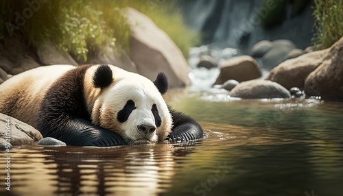 A panda bear lounging in a refreshing stream on a hot summer day