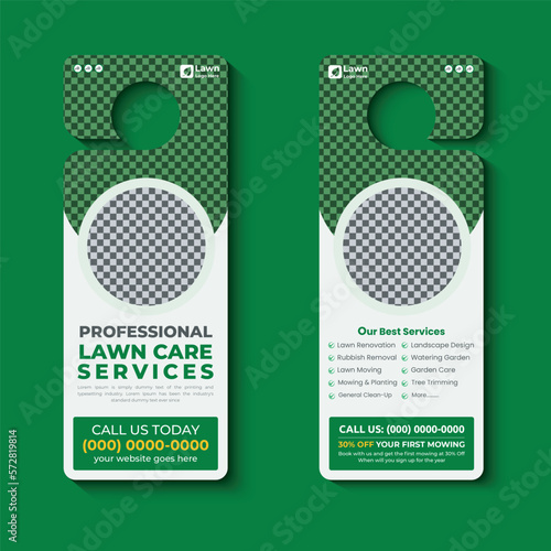 lawn care and landscaping, lawn trimming, door hanger template, Or lawn mower and Lawn Maintenance door hanger template vector layout
