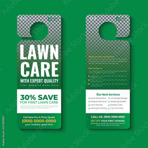 lawn care and landscaping, lawn trimming, door hanger template, Or lawn mower and Lawn Maintenance door hanger template vector layout