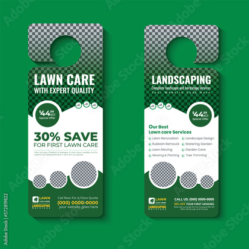 lawn care and landscaping, lawn trimming, door hanger template, Or lawn mower and Lawn Maintenance door hanger template vector layout photo