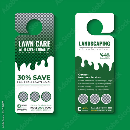 lawn care and landscaping, lawn trimming, door hanger template, Or lawn mower and Lawn Maintenance door hanger template vector layout