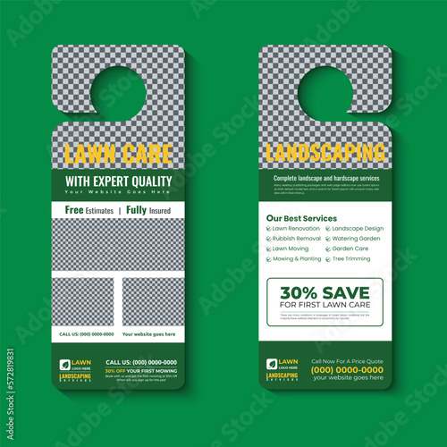 lawn care and landscaping, lawn trimming, door hanger template, Or lawn mower and Lawn Maintenance door hanger template vector layout