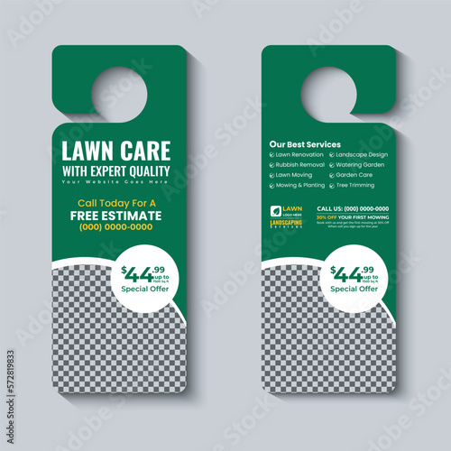 lawn care and landscaping, lawn trimming, door hanger template, Or lawn mower and Lawn Maintenance door hanger template vector layout