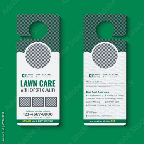lawn care and landscaping, lawn trimming, door hanger template, Or lawn mower and Lawn Maintenance door hanger template vector layout