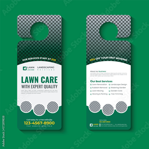 lawn care and landscaping, lawn trimming, door hanger template, Or lawn mower and Lawn Maintenance door hanger template vector layout photo