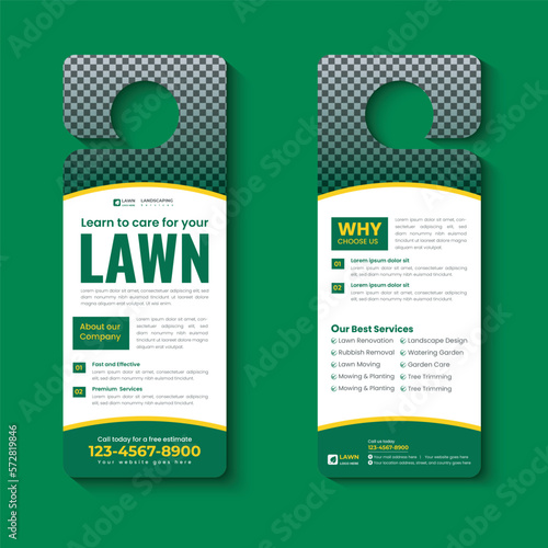 lawn care and landscaping, lawn trimming, door hanger template, Or lawn mower and Lawn Maintenance door hanger template vector layout