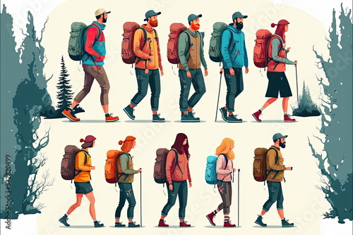 set of tourists, men and women backpackers, walking route, outdoors activity, Made by AI,Artificial intelligence
