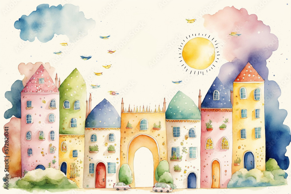 Fototapeta premium architeArchitecture, Building, Watercolor, Hand drawn landscape background, Colorful sketch, AI creative environment ctural building watercolor Genarative AI