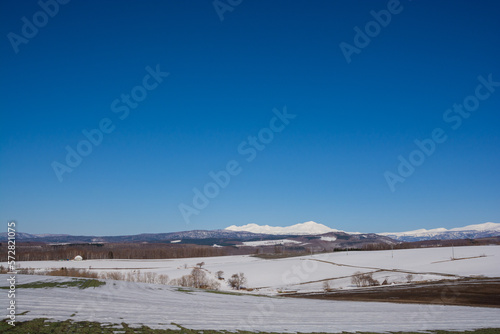 残雪の畑と雪山 大雪山旭岳 