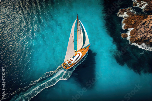 Sailing boat sailing on the blue sea from drone perspective.