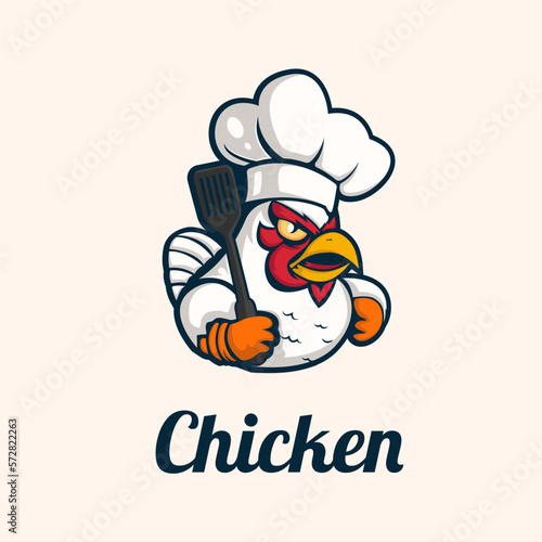 Fried chicken rooster chef mascot logo for food restaurant concept branding in vector cartoon style