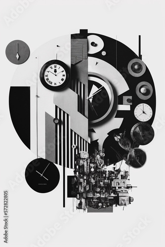 Black and White Mixed Media Clock Time Collage Generative AI