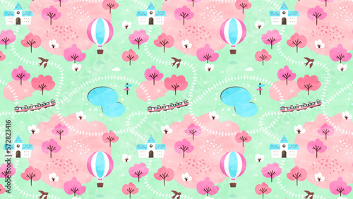春のパターン背景 桜と電車のシームレスな風景イラスト