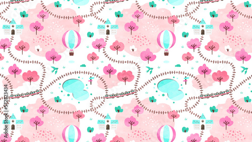 春のパターン背景 桜と電車のシームレスな風景イラスト