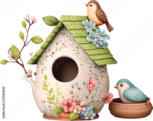 Spring Love Flowers Clay Pot Watercolor Illustration. Lovely Bird Clay House decoration watercolor illustration with spring flowers.