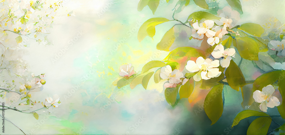 Obraz premium abstract spring background. blooming garden, apple tree branches in bloom, a sunny spring day. watercolor drawing generative ai in pastel color