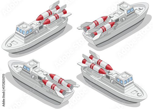 A set of warships. Launcher. Isometric. Isolated on white background. Vector illustration.