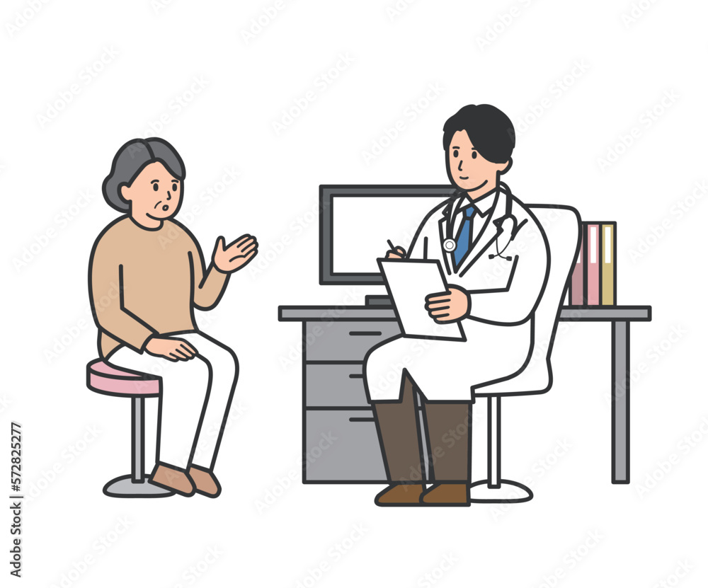診察室で男性医師から説明を受ける年配女性のイラスト