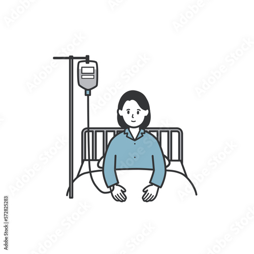 病院のベッドで点滴を受けている女性のイラスト