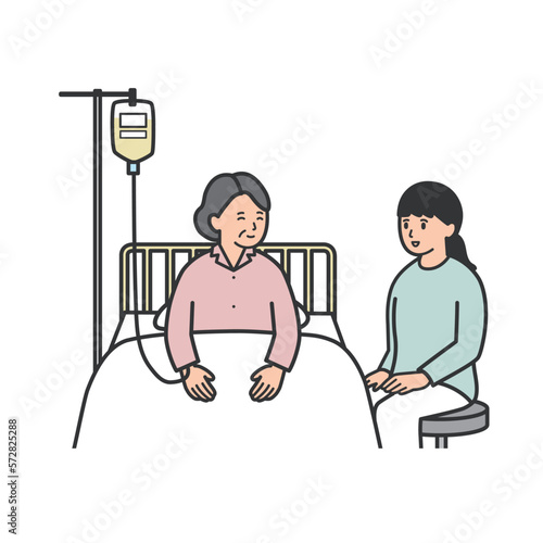 入院している母親と看病する娘のイラスト