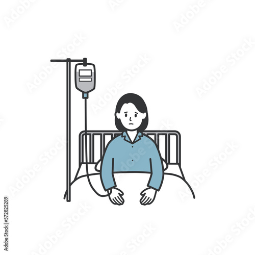 不安な表情で点滴を受けている女性のイラスト