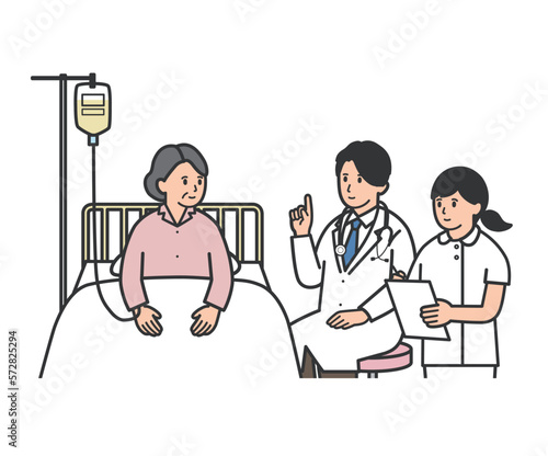 入院する年配女性に説明する医師と看護師