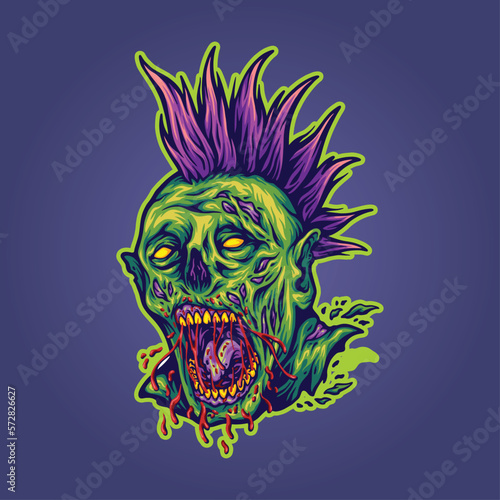 Creepy zombie monster head grunge punk vector illustrations for your work logo  merchandise t-shirt  stickers and label designs  poster  greeting cards advertising business company or brands