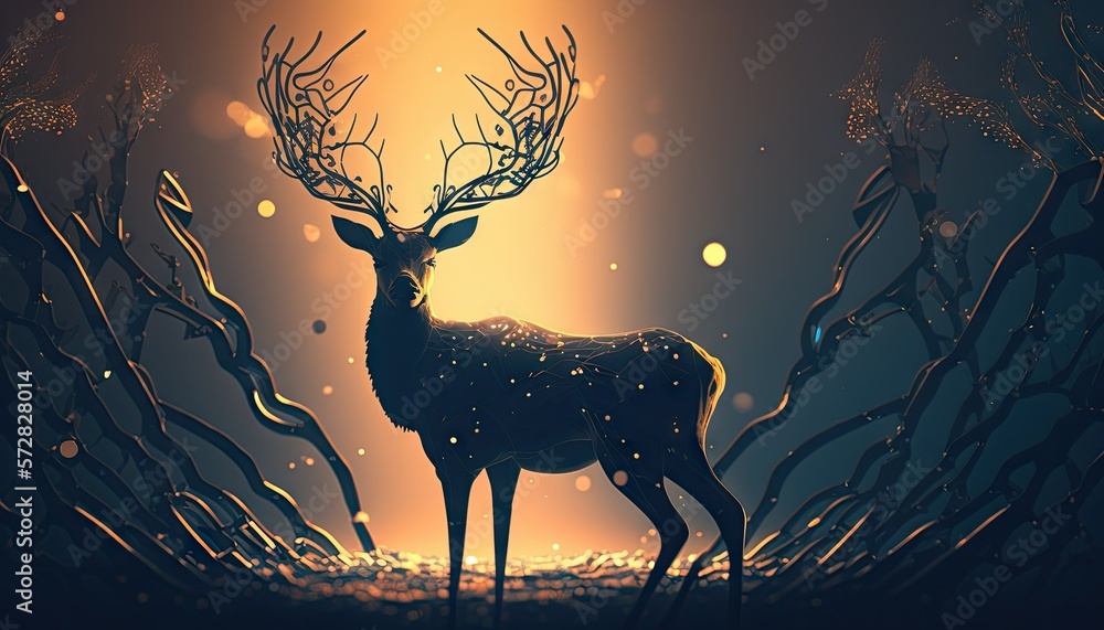 Cool, Epic, Artistic, Beautiful, and Unique Illustration of Deer Animal Cinematic Adventure: Abstract 3D Wallpaper Background with Majestic Wildlife and Futuristic Design (generative AI)