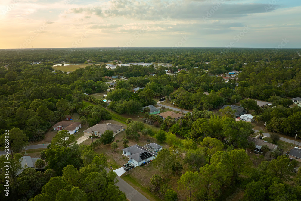 Aerial landscape view of suburban private houses between green palm trees in Florida rural area