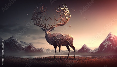 Cool  Epic  Artistic  Beautiful  and Unique Illustration of Reindeer Animal Cinematic Adventure  Abstract 3D Wallpaper Background with Majestic Wildlife and Futuristic Design  generative AI 