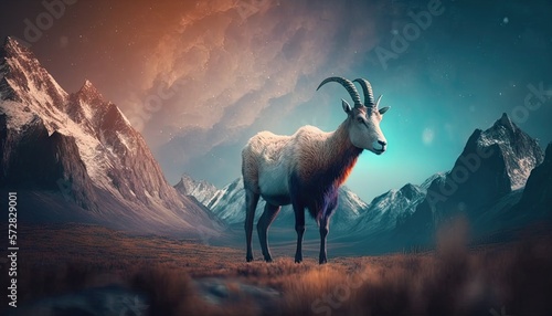 Cool, Epic, Artistic, Beautiful, and Unique Illustration of Alpine Goat Animal Cinematic Adventure: Abstract 3D Wallpaper Background with Majestic Wildlife and Futuristic Design (generative AI)