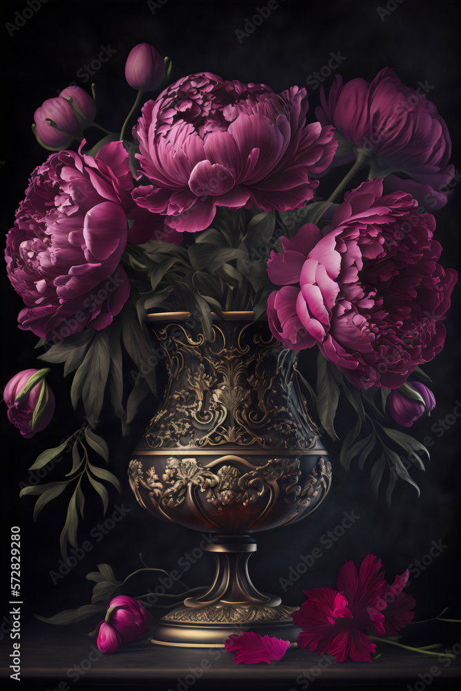 still life oil painting of dahlia flowers in a vase with a black ...