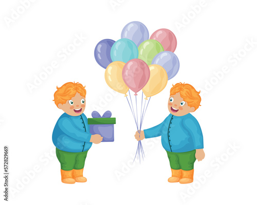 Twin boys congratulate each other on their birthday. Boys with gifts and balloons. Cute boys in cartoon style with gifts. Vector illustration