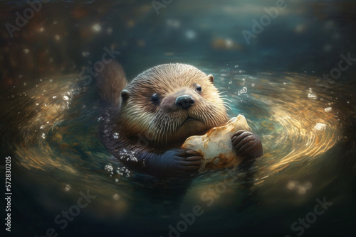 a playful otter floating on its back in a river, holding a shell in its paws Generative AI