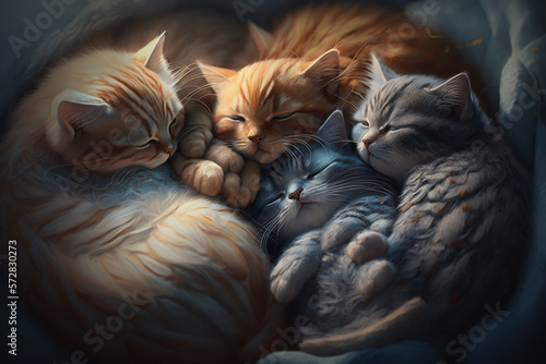 a group of cats all snuggled up together, sleeping in a pile or grooming each other Generative AI