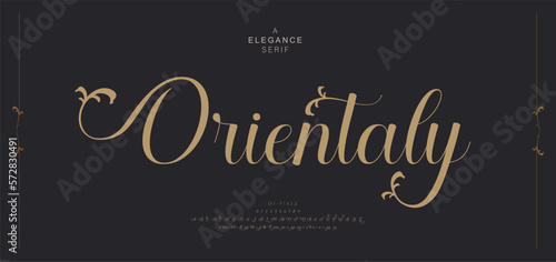 Elegant wedding alphabet letters font with tails. Typography oriental luxury classic serif fonts and number decorative vintage retro for logo branding. vector illustration