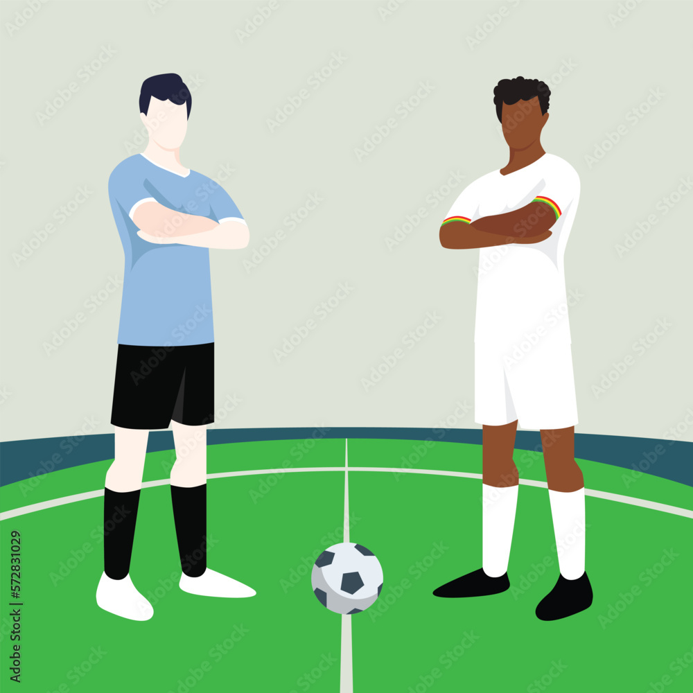 Match preview displaying two male footballers within a football field vector illustration. Uruguay vs Ghana. Match preview displaying two male footballers within a football field vector illustration. Uruguay vs Ghana.
